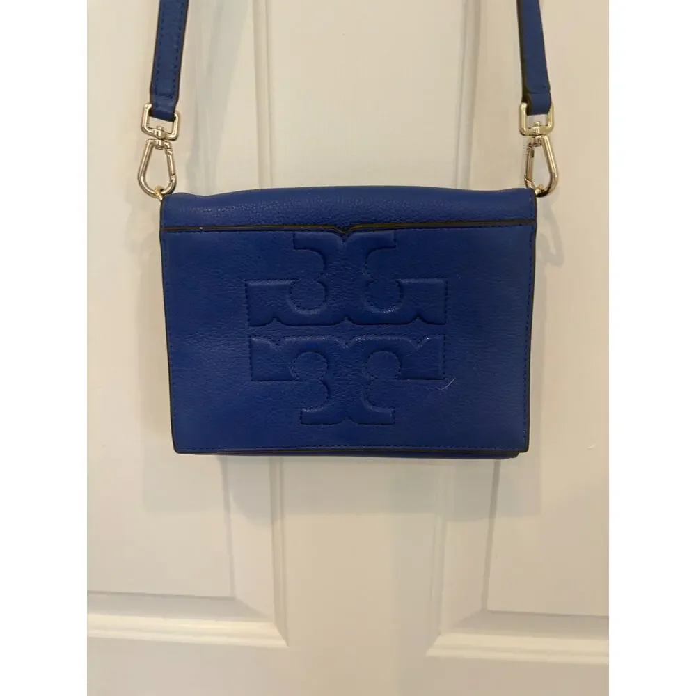 Tory Burch Bombe T Combo Crossbody Bag Royal Blue Pebbled Leather Clutch Flap